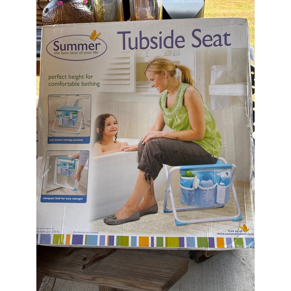 Summer Infant Tubside Seat Blue White Folding Bath Stool with Storage Pockets